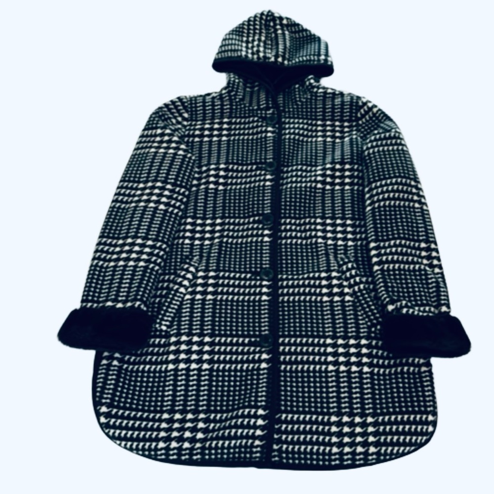 Ike Behar Hooded Jacket, Size S, Black & White